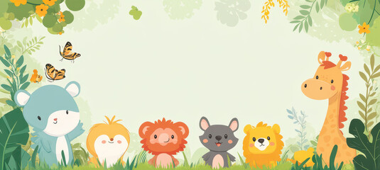 Cartoon Animal Border Background - A Whimsical Frame for Colorful and Playful Scenes. The Adorable Cartoon Animals Forming the Border, with Their Cheerful Expressions and Cute Shapes