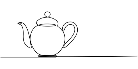 Teapot in continuous line art drawing style. Herbal tea black linear design isolated on white background. Vector illustration, Teapot. Continuous line drawing, Teapot with Steam. Single Line Drawing.