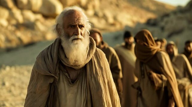 A prophet walking through the desert, followed by his disciples