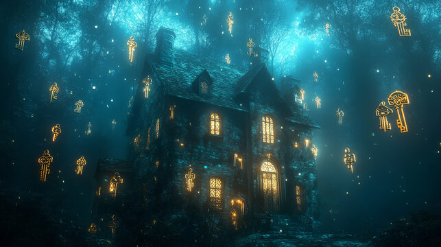 Enchanted house in a mystical forest, glowing with golden keys floating around it. - Powered by Adobe