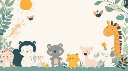 Obraz premium Cartoon Animal Border Background - A Whimsical Frame for Colorful and Playful Scenes. The Adorable Cartoon Animals Forming the Border, with Their Cheerful Expressions and Cute Shapes