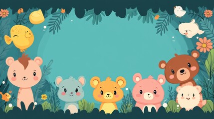 Fototapeta premium Cartoon Animal Border Background - A Whimsical Frame for Colorful and Playful Scenes. The Adorable Cartoon Animals Forming the Border, with Their Cheerful Expressions and Cute Shapes