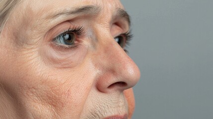Obraz premium Depression and sadness diagnosis, A close-up portrait of an elderly woman, showcasing her facial features, wrinkles, and expressive eyes against a neutral background.
