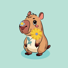 Capybara. Spring, Summer, flowers, sunflower, forget-me-nots, twigs, leaves. Holiday background for postcard design