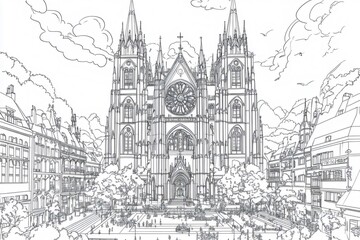 Intricate coloring page showcasing a grand cathedral with detailed architecture, situated in a bustling city square