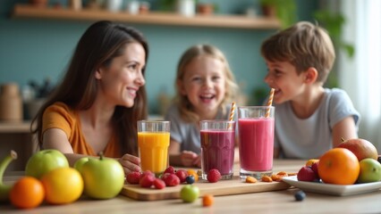A family enjoying homemade smoothies at a breakfast table, with vibrant fruit ingredients displayed nearby