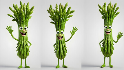 Three asparagus characters waving, standing on a white background.