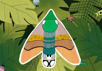 Nature background.Green leaves,illustration exotic plants,Cute monster, floral banner, card design,Leaf greenery.