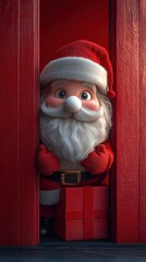 Santa Claus with a Snowy Gift Box Peeping Through a Red Door Window