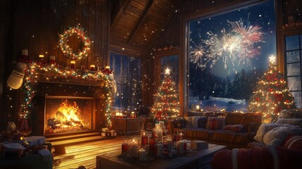 Obraz premium Happy New Year! Burning sparklers in hands on background of modern country fireplace and christmas tree with golden lights. Fireworks glowing in hands, couple celebrating in festive decorated room