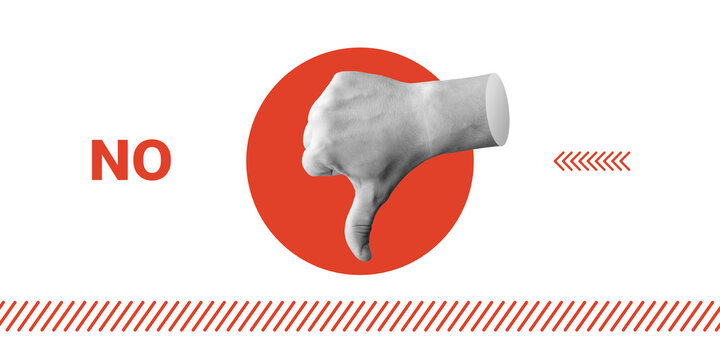 Dislike. Thumb down - gesture of disapproval or rejection, symbolizes disappointment, criticism, distrust or disapproval, disagreement or negative opinion. Minimalist art collage