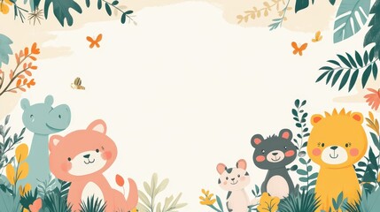 Cartoon Animal Border Background - A Whimsical Frame for Colorful and Playful Scenes. The Adorable Cartoon Animals Forming the Border, with Their Cheerful Expressions and Cute Shapes
