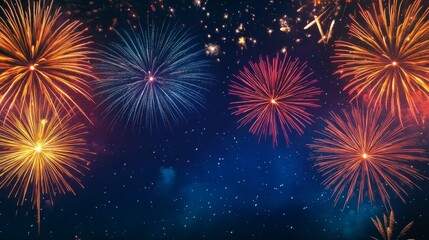 4K city happy new year vector background with colorful fireworks in the sky. Dark blue vector background illustration. Modern vector art. EPS 10 vector design