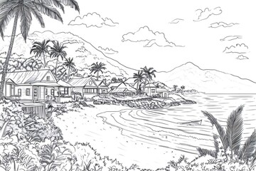 Black and white illustration of a serene coastal town with palm trees, houses, and a calm ocean, ideal for coloring books or travel illustrations