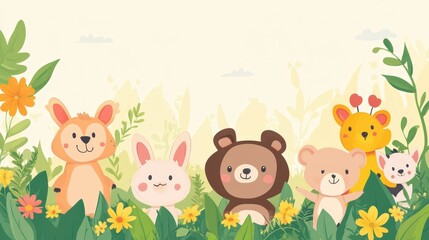 Fototapeta premium Cartoon Animal Border Background - A Whimsical Frame for Colorful and Playful Scenes. The Adorable Cartoon Animals Forming the Border, with Their Cheerful Expressions and Cute Shapes