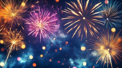 Fototapeta premium 4K city happy new year vector background with colorful fireworks in the sky. Dark blue vector background illustration. Modern vector art. EPS 10 vector design