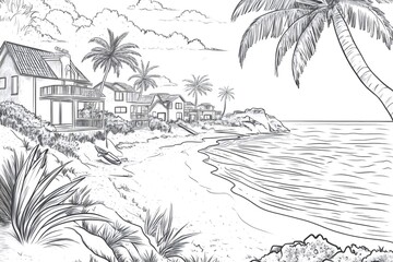 Black and white drawing of a peaceful coastal town with palm trees, houses, and a tranquil beach, ideal for coloring activities