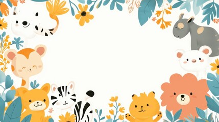 Obraz premium Cartoon Animal Border Background - A Whimsical Frame for Colorful and Playful Scenes. The Adorable Cartoon Animals Forming the Border, with Their Cheerful Expressions and Cute Shapes