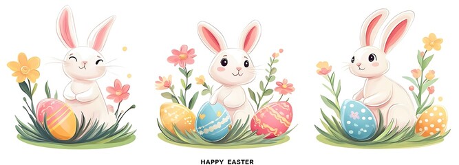 Easter bunnies and carrots with Easter eggs, an Easter-themed vector illustration set
