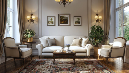 Traditional small living room with sofa, wall lamp, rug, curtains, armchairs, wood floor.