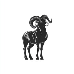 Majestic black and white illustration of a ram with large curled horns, standing in profile view.