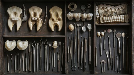 Antique Dental Tools And Models In Wooden Box