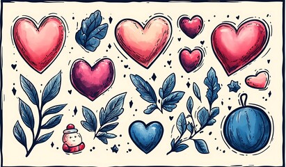 Fototapeta premium Happy Valentine’s Day Collection of Hearts and Leaves