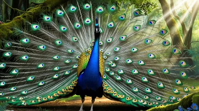 a peacock in the forest with a beautiful blooming tail