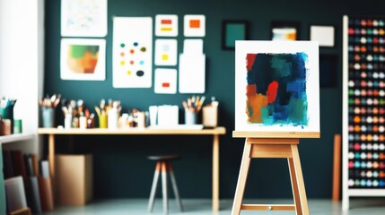 A vibrant art studio featuring a colorful painting on an easel, surrounded by shelves of art supplies and various artworks on the walls.