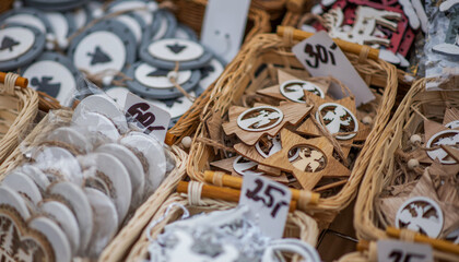 Eco friendly, plastic free Christmas decorations on the market counter. Handicrafts. Handmade.