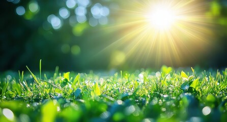 Obraz premium Bright Sunlight Shining Through Lush Green Grass Blades Creating a Peaceful and Serene Natural Landscape in a Tranquil Outdoor Setting