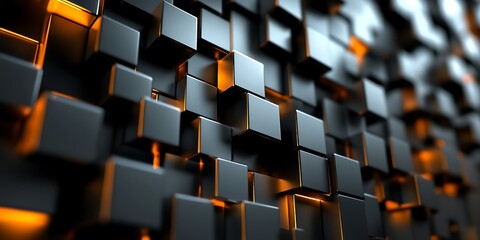 Fototapeta premium Abstract 3D background of dark gray cubes with orange highlights.