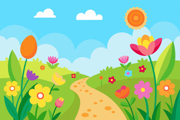 Beautiful Flower Garden in Spring with Sunlight and Butterflies