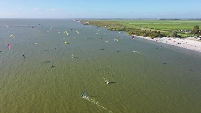 Aerial from kitesurfing on the IJsselmeer in Workum the Netherlands