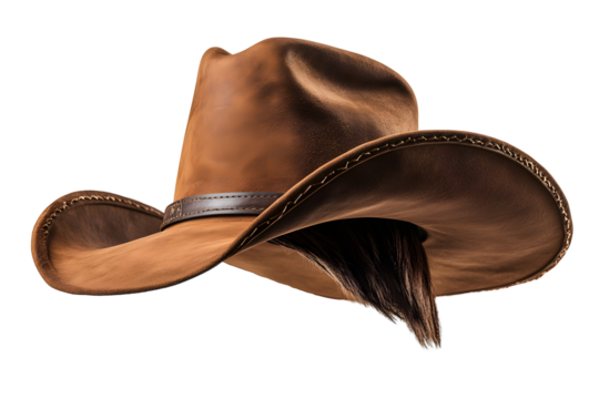Rodeo horse rider, wild west culture, Americana and american country music concept theme with a brown leather cowboy hat isolated on white background with clip path cut out