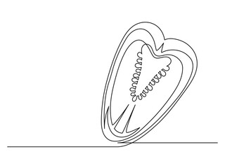 Continuous one line of sliced bell pepper isolated on white background. Simple silhouette of vegetable. Hand drawn bell pepper outline. Vector illustration