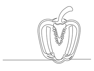 Continuous one line of sliced bell pepper isolated on white background. Simple silhouette of vegetable. Hand drawn bell pepper outline. Vector illustration