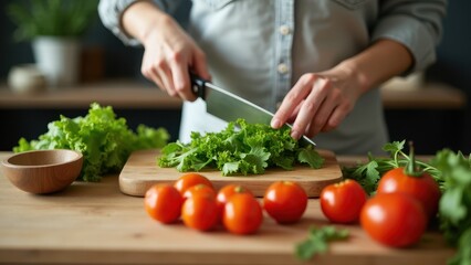 A person carefully chopping vegetables for a nutritious salad on a wooden cutting board in a cozy kitchen