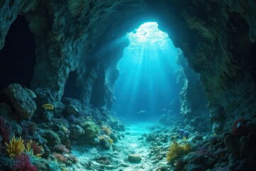 A panoramic view of an underwater archway formed by rock formations, with diverse marine life and light beams illuminating the scene
