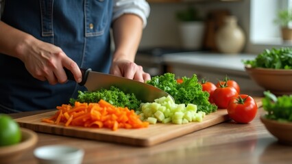 A person carefully chopping vegetables for a nutritious salad on a wooden cutting board in a cozy kitchen