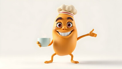 Cheerful potato character chef with hot beverage.
