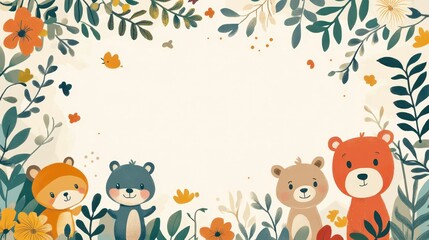 Naklejka premium Cartoon Animal Border Background - A Whimsical Frame for Colorful and Playful Scenes. The Adorable Cartoon Animals Forming the Border, with Their Cheerful Expressions and Cute Shapes