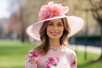 Portrait of a beautiful young woman in pink hat and flower dress