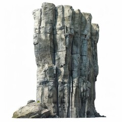 Rugged and weathered rock formation stands isolated against a white backdrop, showcasing its imposing presence