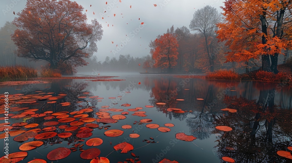 Poster a lake surrounded by autumn trees, with red and orange leaves floating on the water surface. the sky