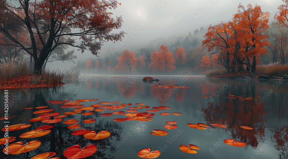 Poster a lake surrounded by autumn trees, with red and orange leaves floating on the water surface. the sky