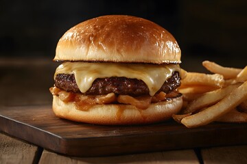 cheeseburger with melted cheese, juicy beef patty, fresh lettuce, sesame bun, crispy french fries, and ketchup on wooden table