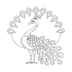 Peacock bird seamless pattern, background. Outline hand drawing vector illustration. Coloring page for the adult coloring book.