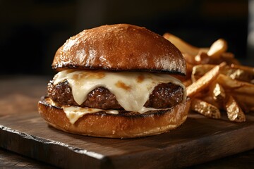 cheeseburger with melted cheese, juicy beef patty, fresh lettuce, sesame bun, crispy french fries, and ketchup on wooden table