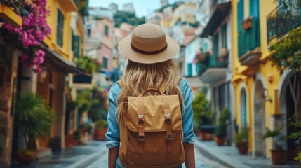 Obraz premium Woman exploring vibrant European town with backpack and straw hat. Colorful streets, summer vacation, historic architecture, urban travel adventure, cultural discovery.